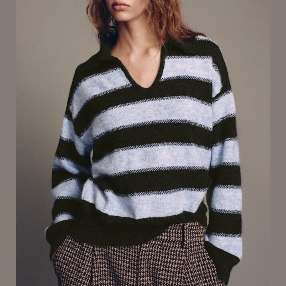 Blue Black Striped Knit Collared V-Neck Sweater